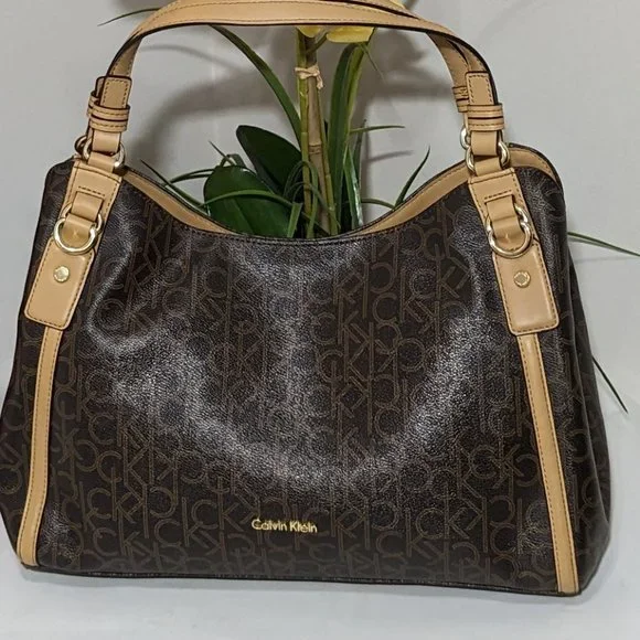 Calvin Klein Signature Tote Shoulder Bag Brown CK Monogram Print Brown Leather